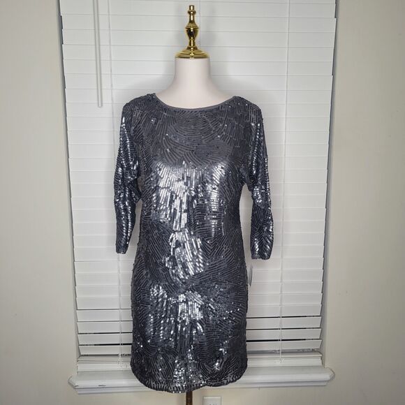 Trina‎ Turk Audra Sz XS Dark Silver Sequin Georgette Shift Holiday Party Dress - Picture 2 of 8